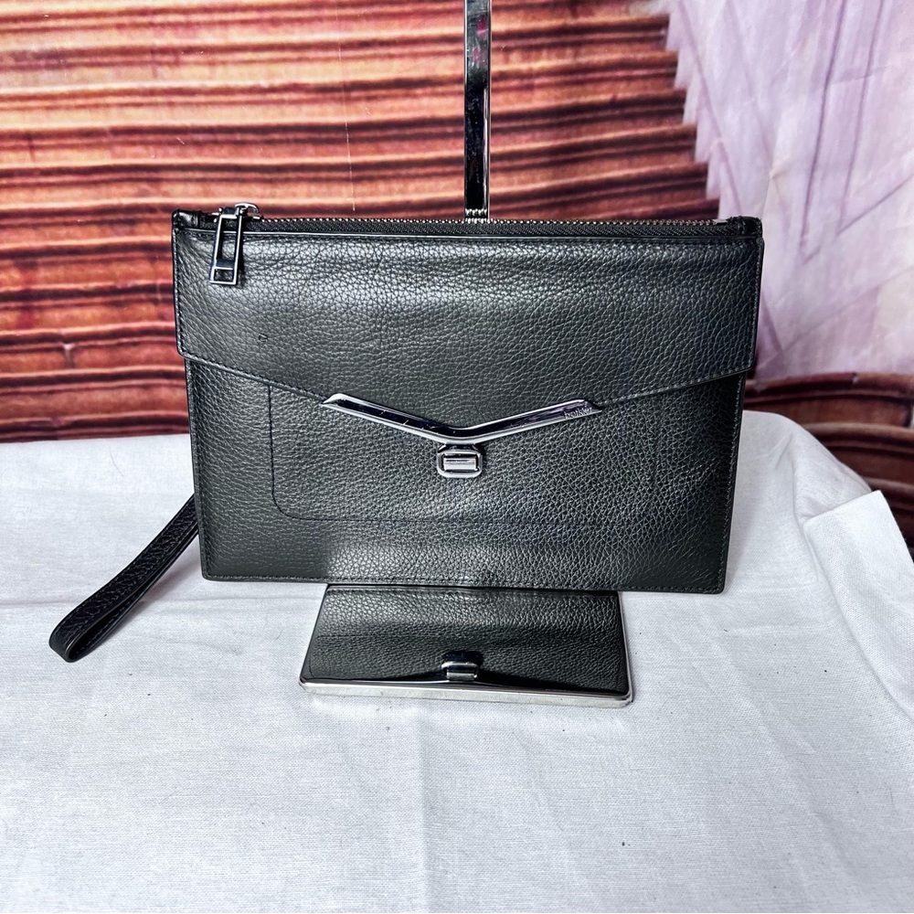 Botkier Black Leather Valentina Clutch/ Wristlet/ Flap/ Turnlock/ Top Zipper